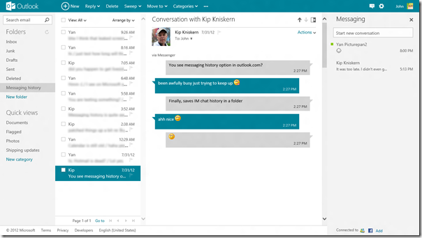 Outlook.com Messaging history